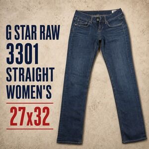 G‎ Star Raw 3301 Straight Womens Jeans 27x32 Dark Wash Low Rise Stretch Denim
